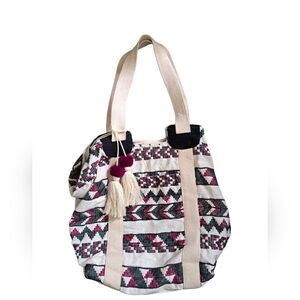 Southwestern AZTEC thick cloth tote bag tassels lining zipper beachy coastal XL